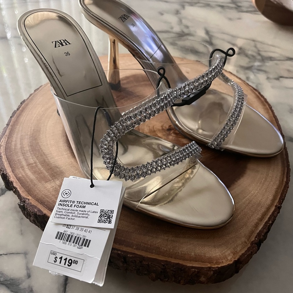Zara Silver Gold Strappy Heels with Rhinestones